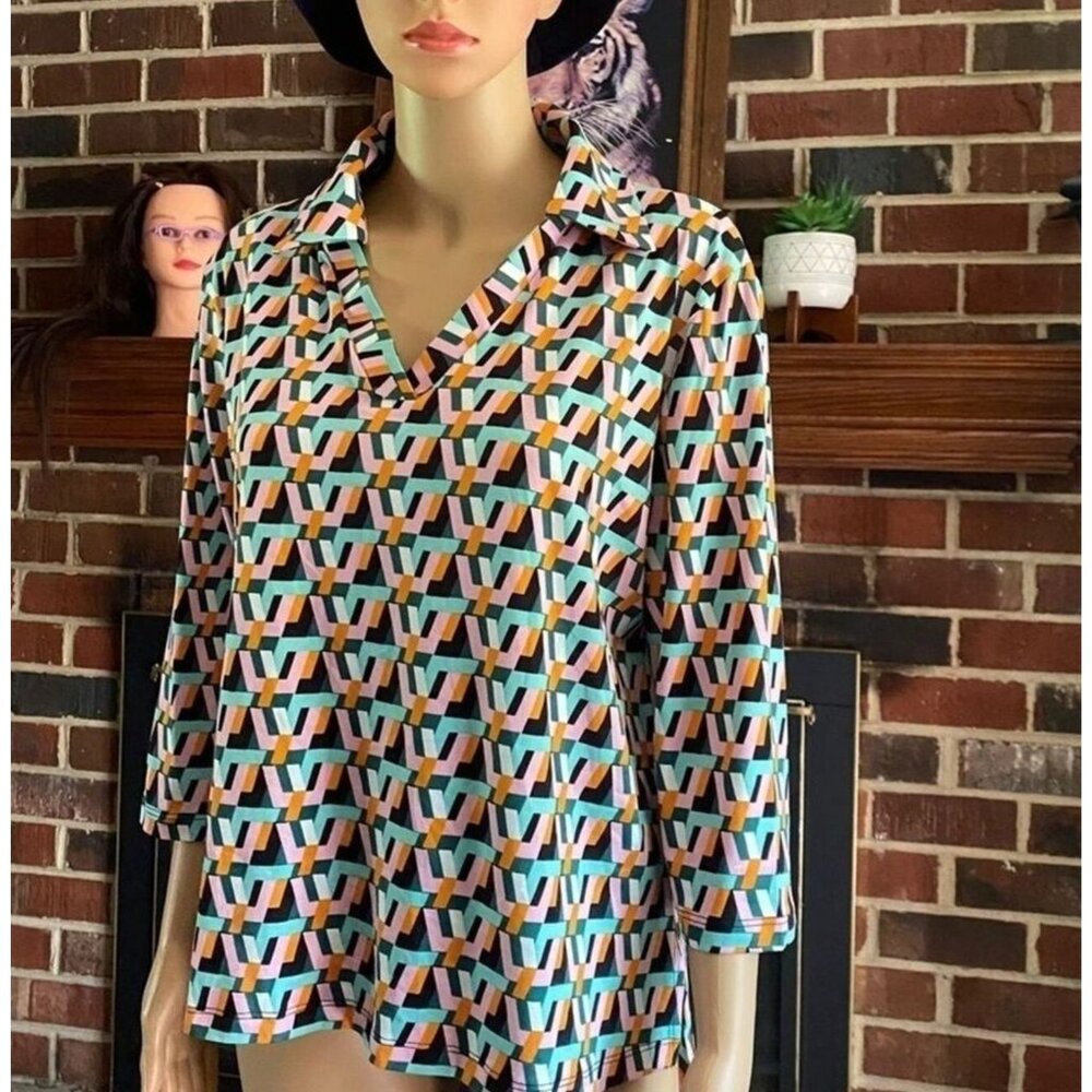 KIM & CAMI Women’s Top Chain Link Print Collared  shirt new without tag size M
